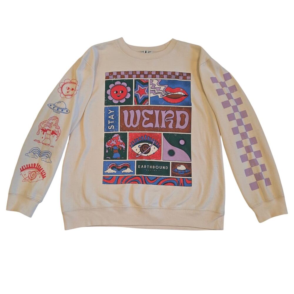 Earthbound Trading Co Stay Weird Psychedelic Graphic Sweatshirt Small Cream